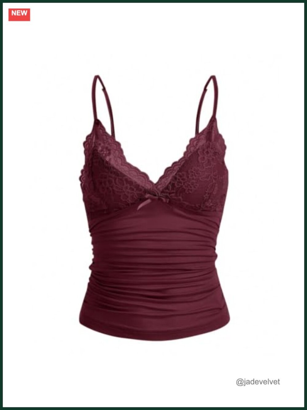Y2K Lace Trim Ruched Bow Cami Tank Top V-Neck Spaghetti Strap